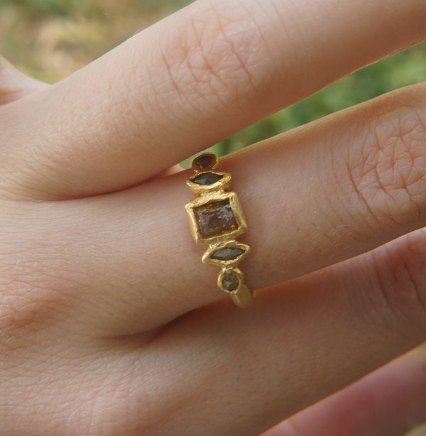 24k gold diamonds ring//drop diamond ring//unique engagement ring//diamond engagement ring//artisan diamond ring//multi stone diamond ring