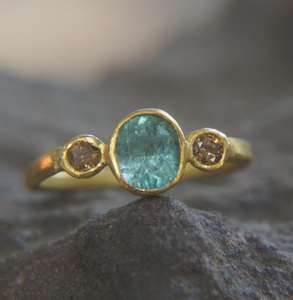 Paraiba blue tourmaline gold ring//24k gold ring//unique engagement ring//24k gold gem ring//gold Champaign diamond//diamond and tourmaline