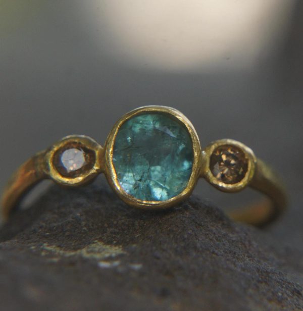 Paraiba blue tourmaline gold ring//24k gold ring//unique engagement ring//24k gold gem ring//gold Champaign diamond//diamond and tourmaline
