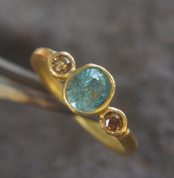 Paraiba blue tourmaline gold ring//24k gold ring//unique engagement ring//24k gold gem ring//gold Champaign diamond//diamond and tourmaline