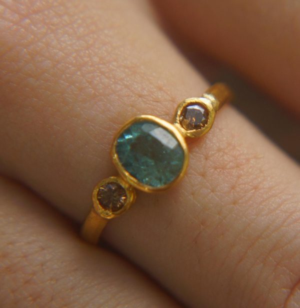 Paraiba blue tourmaline gold ring//24k gold ring//unique engagement ring//24k gold gem ring//gold Champaign diamond//diamond and tourmaline