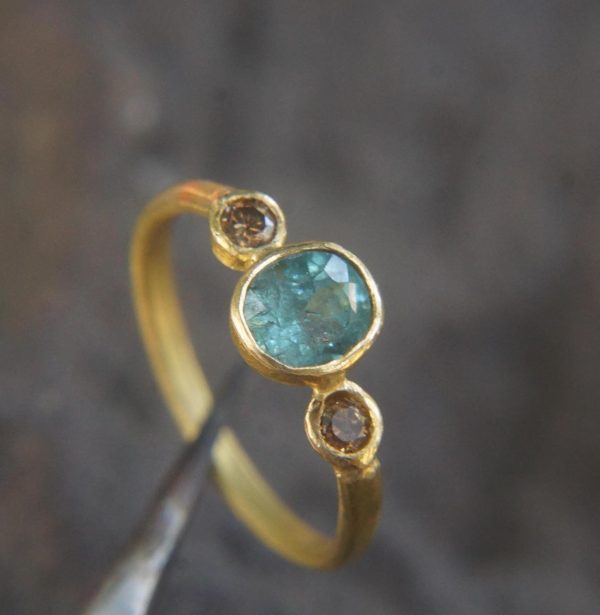 Paraiba blue tourmaline gold ring//24k gold ring//unique engagement ring//24k gold gem ring//gold Champaign diamond//diamond and tourmaline