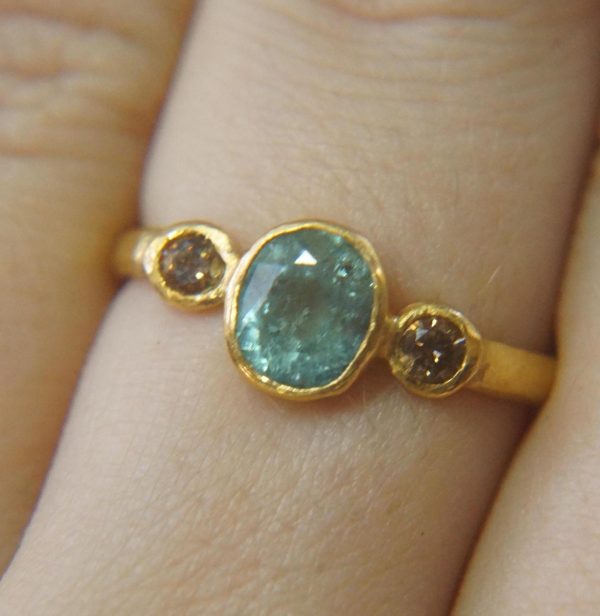 Paraiba blue tourmaline gold ring//24k gold ring//unique engagement ring//24k gold gem ring//gold Champaign diamond//diamond and tourmaline