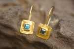 24k Natural blue Zircon gold dangle//24k solid gold earrings//handmade artisan blue Zircon earrings//24k Zircon dangle//24k blue Zircon