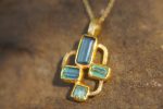 24k gold multi blue tourmaline pendant//multi color square blue tourmaline pendant//tourmaline gold necklace//artisan 24k gold pendant