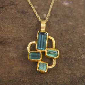 24k gold multi blue tourmaline pendant//multi color square blue tourmaline pendant//tourmaline gold necklace//artisan 24k gold pendant