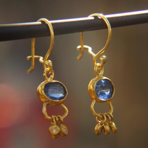 24k gold blue kyanite and white diamond earring//blue gold Earrings//Gold Dangle  Earrings//24k gold earrings//24k everyday wear
