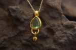 24k gold green tourmaline and diamond pendant//pear green tourmaline pendant//diamond gold necklace//artisan tourmaline pendant