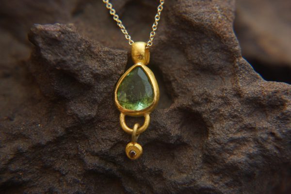 24k gold green tourmaline and diamond pendant//pear green tourmaline pendant//diamond gold necklace//artisan tourmaline pendant