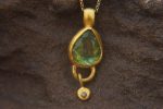 24k gold green tourmaline and diamond pendant//pear green tourmaline pendant//diamond gold necklace//artisan tourmaline pendant