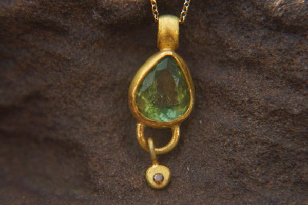 24k gold green tourmaline and diamond pendant//pear green tourmaline pendant//diamond gold necklace//artisan tourmaline pendant