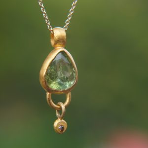 24k gold green tourmaline and diamond pendant//pear green tourmaline pendant//diamond gold necklace//artisan tourmaline pendant
