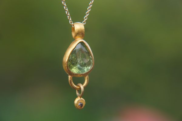 24k gold green tourmaline and diamond pendant//pear green tourmaline pendant//diamond gold necklace//artisan tourmaline pendant