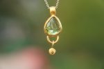 24k gold green tourmaline and diamond pendant//pear green tourmaline pendant//diamond gold necklace//artisan tourmaline pendant