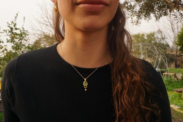 24k gold green tourmaline and diamond pendant//pear green tourmaline pendant//diamond gold necklace//artisan tourmaline pendant