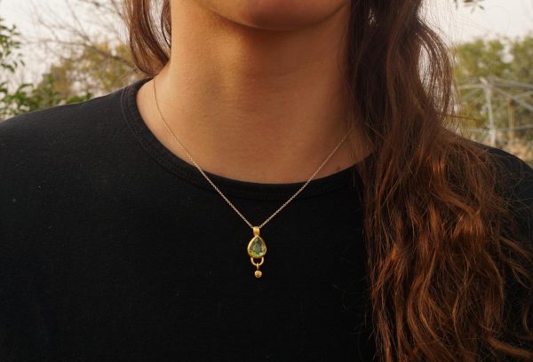 24k gold green tourmaline and diamond pendant//pear green tourmaline pendant//diamond gold necklace//artisan tourmaline pendant