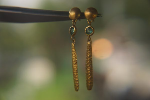 24K Gold emerald dangle earrings//24k gold drop Earrings//solid gold dangles//24k gold emerald artisan jewelry