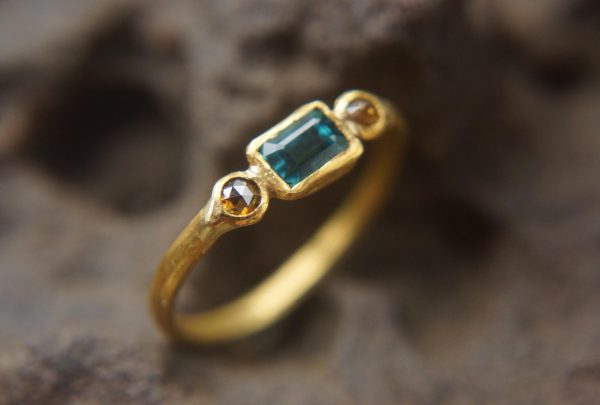 24k Paraiba blue tourmaline and diamonds ring// 24k gold ring//unique engagement ring//24k gold gem ring//gold artisan engagement ring