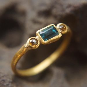 24k Paraiba blue tourmaline and diamonds ring// 24k gold ring//unique engagement ring//24k gold gem ring//gold artisan engagement ring