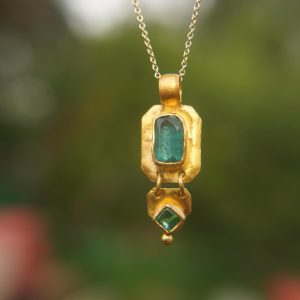 24k gold Tourmaline and emerald pendant//24k emerald necklace//handmade Tourmaline pendant//emerald and Tourmaline stones //24k gold pendant
