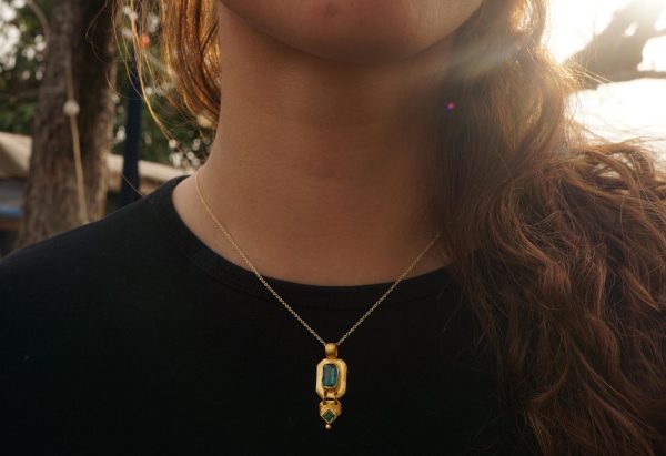 24k gold Tourmaline and emerald pendant//24k emerald necklace//handmade Tourmaline pendant//emerald and Tourmaline stones //24k gold pendant