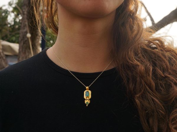 24k gold Tourmaline and emerald pendant//24k emerald necklace//handmade Tourmaline pendant//emerald and Tourmaline stones //24k gold pendant