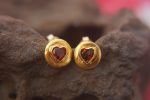 24k gold studs heart and Red Garnet stone// hammered gold studs/ 24k gold earring/ Red Garnet heart studs