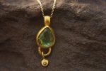 24k gold green tourmaline and diamond pendant//pear green tourmaline pendant//diamond gold necklace//artisan tourmaline pendant