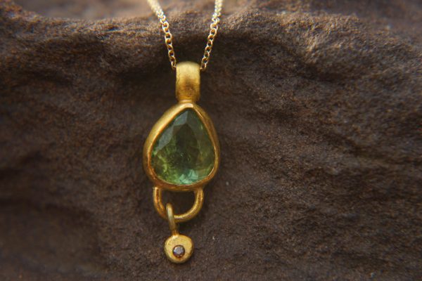 24k gold green tourmaline and diamond pendant//pear green tourmaline pendant//diamond gold necklace//artisan tourmaline pendant