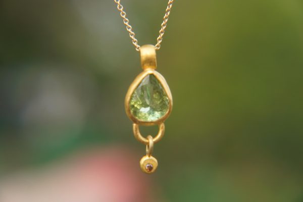 24k gold green tourmaline and diamond pendant//pear green tourmaline pendant//diamond gold necklace//artisan tourmaline pendant