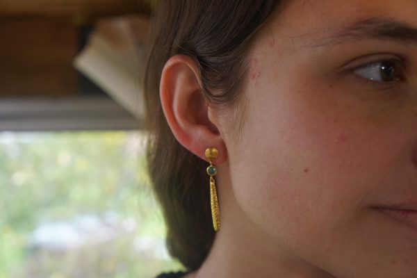 24K Gold emerald dangle earrings//24k gold drop Earrings//solid gold dangles//24k gold emerald artisan jewelry