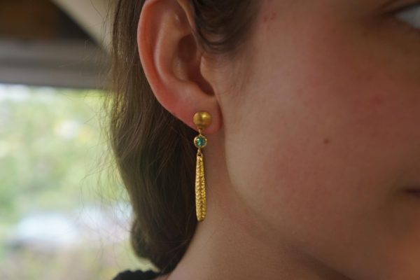 24K Gold emerald dangle earrings//24k gold drop Earrings//solid gold dangles//24k gold emerald artisan jewelry