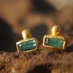 24k gold Paraiba blue tourmaline studs //gold Paraiba tourmaline earrings//unique tourmaline earrings//artisan tourmaline studs